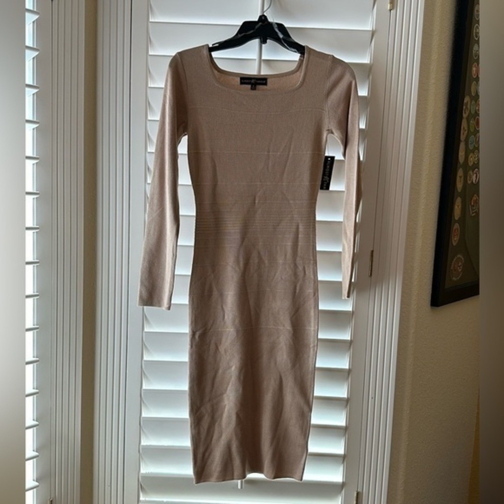 NWT Almost Famous beige long sleeve bodycon midi sweater dress Sz S